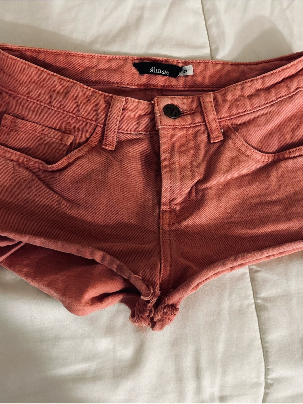 Shasa Coral-Peach Denim Cutoff Shorts